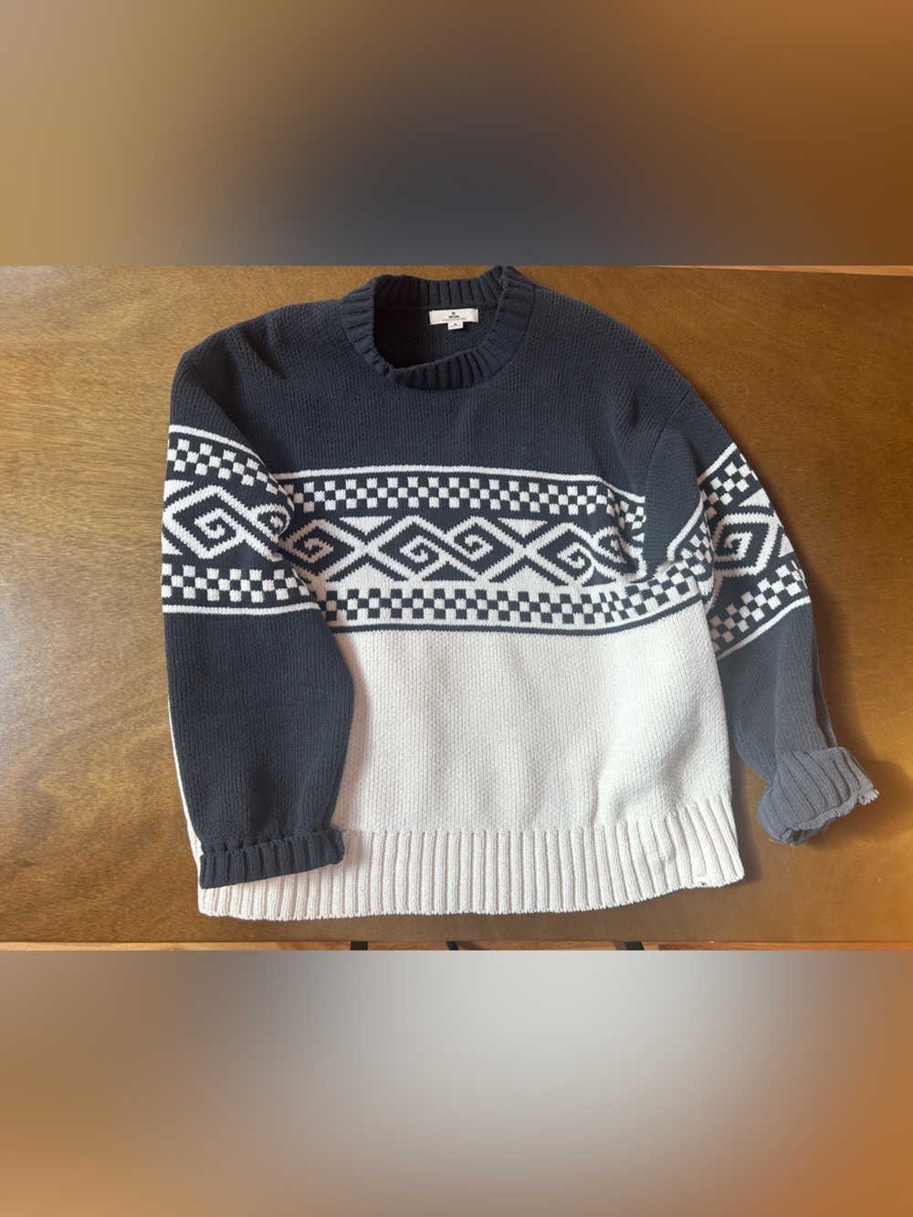 Rip Curl Men's Navy and White Fair Isle Crewneck Sweater